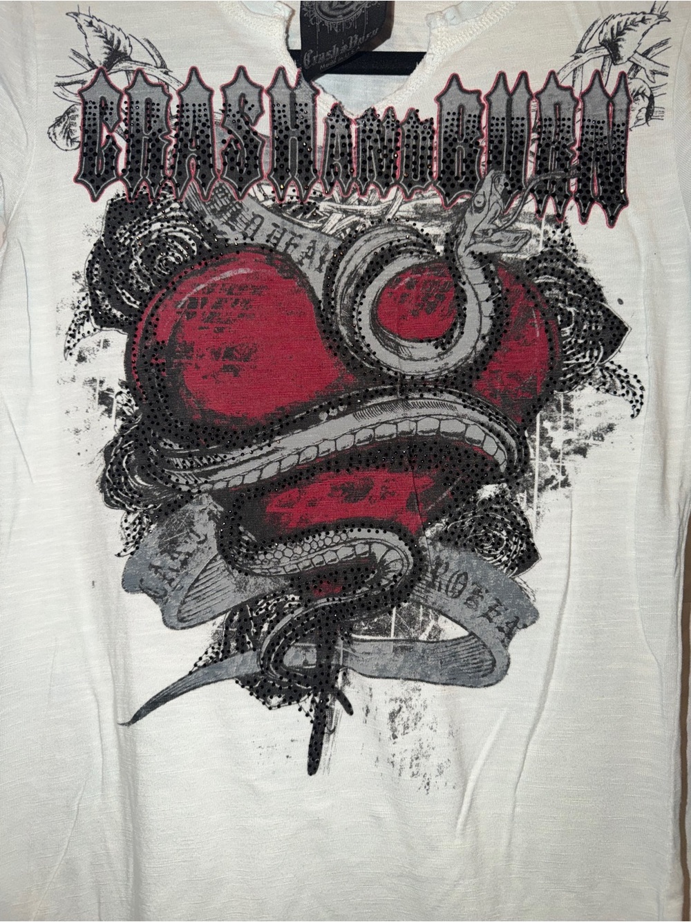 Crash & Burn White Short Sleeve Tee with Red Heart and Black Snake Graphic